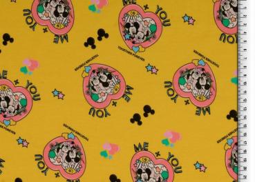 Jersey bedruckt - Micky & Minnie Maus im Herz auf Gelb